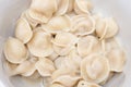 Traditional tasty boiled russian pelmeni, ravioli, dumplings with meat on white ceramic plate on grey background Royalty Free Stock Photo