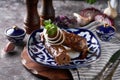 Traditional tasty fried asian pork kebab served in plate