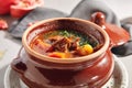 Traditional Tasty Hungarian Goulash Soup or Casserole in Ceramic Cookware