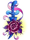 Traditional tattoo with rose flowers and dagger knife. Colorful Tattoo.Vector illustration Old school tattoo line art. Suitable Royalty Free Stock Photo