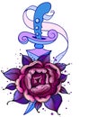 Traditional tattoo with rose flowers and dagger knife. Colorful Tattoo.Vector illustration Old school tattoo line art. Suitable Royalty Free Stock Photo