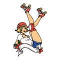 traditional tattoo of a pinup roller derby girl with banner