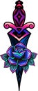 Traditional tattoo with rose flowers and dagger knife. Colorful Tattoo.Vector illustration Old school tattoo line art. Suitable