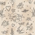 American Traditional Seamless Pattern Outline Love Elements