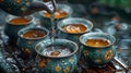 Traditional tea ceremony with pouring tea into ornate cups, serene and cultural setting. calming ritual captured in high Royalty Free Stock Photo