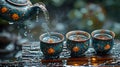 Traditional tea ceremony with steaming cups outdoors. Porcelain teapot pouring tea. Serene, cultural and relaxing Royalty Free Stock Photo