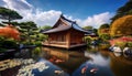Traditional tea house beside a koi pond Royalty Free Stock Photo