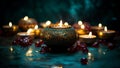 a traditional tea light jar with candles surrounded by diamonds on a shiny dark background