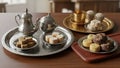 Traditional tea set with assorted sweets Royalty Free Stock Photo