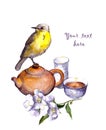 Traditional tea set, flowers and bird. Watercolor Royalty Free Stock Photo