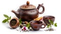 Traditional tea set with loose leaves, cinnamon, and fresh herbs on white Royalty Free Stock Photo