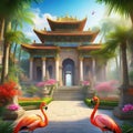 Traditional temple garden with peacock and flamingos at the