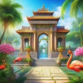 Traditional temple garden with peacock and flamingos at the
