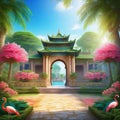 Traditional temple garden with peacock and flamingos at the