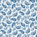 Traditional Textured Hand Painted Classic Blue Paisley Vector Seamless Pattern. Classic Background Shawl Print