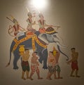 Traditional Thai art painting, Elephant riding parade and the foot soldiers are walking, Picture decoration in restaurant