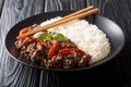 Traditional Thai Basil Beef, or Pad Gra Prow over white rice closeup on a plate. horizontal