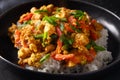 Traditional Thai breakfast gai pad pongali with chicken, eggs, spicy, yellow thai curry paste on rice.