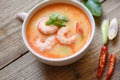 Traditional thai cuisine hot spicy soup shrimp curry with herb and spices Thai food, shrimp soup bowl seafood soup with shrimps Royalty Free Stock Photo