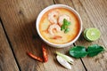 Traditional thai cuisine hot spicy soup shrimp curry with herb and spices Thai food, shrimp soup bowl, seafood soup with shrimps Royalty Free Stock Photo