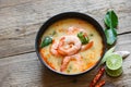 Traditional thai cuisine hot spicy soup shrimp curry with herb and spices Thai food, Shrimp soup bowl, seafood soup with shrimps Royalty Free Stock Photo