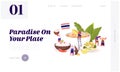 Traditional Thai Cuisine Website Landing Page. People around Huge Dish Tom Yam Kung Soup with Shrimps, Rice in Bowl