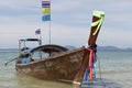 Traditional Thai Fishing boats with colorful ribbons and flags. Thailand Krabi