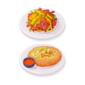 Traditional Thai Food with Baked Crumpet and Vegetables Salad Vector Set