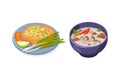 Traditional Thai Food with Crumpet with Onion and Mushroom Soup Vector Set