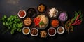 Traditional Thai food on dark background. Oriental food concept. Top view, flat lay, panorama Royalty Free Stock Photo