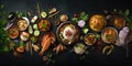 Traditional Thai food on dark background. Oriental food concept. Top view, flat lay, panorama Royalty Free Stock Photo