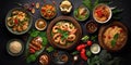 Traditional Thai food on dark background. Oriental food concept