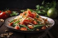 Traditional Thai food papaya salad prepared with fine slices of papaya, tomatoes, green beans and peanuts Royalty Free Stock Photo