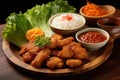 Traditional Thai fried pork with spicy sauces, sticky rice, vegetable