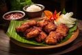 Traditional Thai fried pork with spicy sauces, sticky rice, vegetable