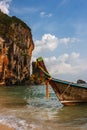 Traditional thai long tail boat at sunset in Railay beach, Krabi, Thailand. Royalty Free Stock Photo