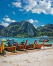 Traditional Thai Longtail boat on the beach of Phi Phi Don,Thailand Royalty Free Stock Photo