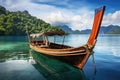 Traditional thai longtail boat on the mountain lake, Krabi, Thailand, Longtail boat anchored in the sea, with the landscape of the