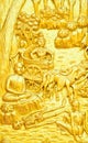 Traditional Thai style art carving of Buddha story on temple doo Royalty Free Stock Photo