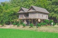 Traditional Thai wooden house with green rice field at countryside.