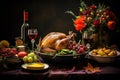 Traditional Thanksgiving dinner on the table. Baked turkey , mashed potatoes, dressing, pumpkin pie and sides. Bottle of Royalty Free Stock Photo