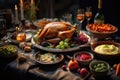 Traditional Thanksgiving dinner on the table. Baked turkey , mashed potatoes, dressing, pumpkin pie and sides. Bottle of Royalty Free Stock Photo