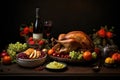 Traditional Thanksgiving dinner on the table. Baked turkey , mashed potatoes, dressing, pumpkin pie and sides. Bottle of Royalty Free Stock Photo