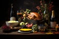 Traditional Thanksgiving dinner on the table. Baked turkey , mashed potatoes, dressing, pumpkin pie and sides. Bottle of Royalty Free Stock Photo