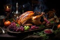 Traditional Thanksgiving dinner on the table. Turkey , mashed potatoes, dressing, pumpkin pie and sides on the table