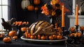 Traditional Thanksgiving elements with spooky Halloween themes