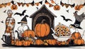 Traditional Thanksgiving elements with spooky Halloween themes