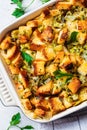 Traditional Thanksgiving stuffing. Bread casserole with celery Royalty Free Stock Photo