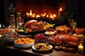 Traditional Thanksgiving turkey dinner. Turkey, mashed potatoes, dressing, pumpkin pie and sides. On wooden table. Royalty Free Stock Photo