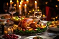 Traditional Thanksgiving turkey dinner. Turkey, mashed potatoes, dressing, pumpkin pie and sides. On wooden table. Royalty Free Stock Photo